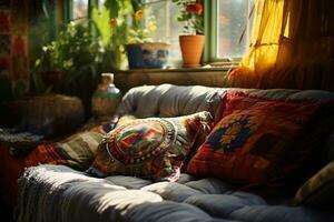 Bohemian interior design with colorful patterns and cozy cushions. Stylish Boho living. Vibrant patterns and cushions in a cozy afternoon setting. Bohemian chic. Eclectic home decor. Generative AI. photo