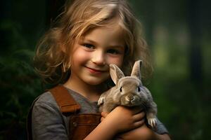 reconfortante relación Entre niña y su amado mascota conejito. linda animal. momentos de sensibilidad. niña y su conejito Conejo compartir momentos de amor y alegría. peludo Conejo compañero. generativo ai. foto