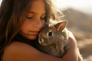 reconfortante relación Entre niña y su amado mascota conejito. linda animal. momentos de sensibilidad. niña y su conejito Conejo compartir momentos de amor y alegría. peludo Conejo compañero. generativo ai. foto