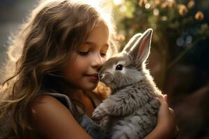 reconfortante relación Entre niña y su amado mascota conejito. linda animal. momentos de sensibilidad. niña y su conejito Conejo compartir momentos de amor y alegría. peludo Conejo compañero. generativo ai. foto