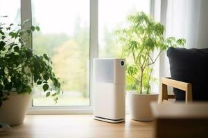 Air purifier technology enhancing indoor air quality in living room. Healthy living. Modern air purifier device in living space. Technology for healthier living environment. Clean air. Generative AI. photo