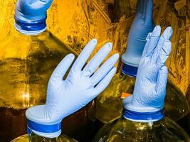 The correct fermentation process, making homemade wine. Glass bottles with huge blue inflated gloves on a wooden background. photo