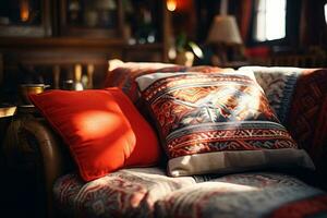 Bohemian interior design with colorful patterns and cozy cushions. Stylish Boho living. Vibrant patterns and cushions in a cozy afternoon setting. Bohemian chic. Eclectic home decor. Generative AI. photo