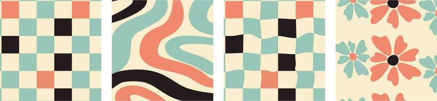 Collection of retro checkerboard backgrounds featuring vivid hues. A groovy and psychedelic chessboard pattern inspired by the 60s and 70s. vector