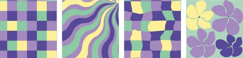 Collection of retro checkerboard backgrounds featuring vivid hues. A groovy and psychedelic chessboard pattern inspired by the 60s and 70s. vector