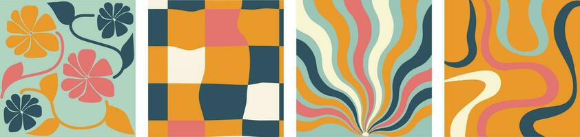 Collection of retro checkerboard backgrounds featuring vivid hues. A groovy and psychedelic chessboard pattern inspired by the 60s and 70s. vector