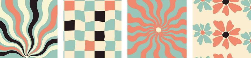 Collection of retro checkerboard backgrounds featuring vivid hues. A groovy and psychedelic chessboard pattern inspired by the 60s and 70s. vector