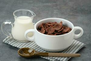 Bowl of cereal chocolate flavor, sweet crunchy photo