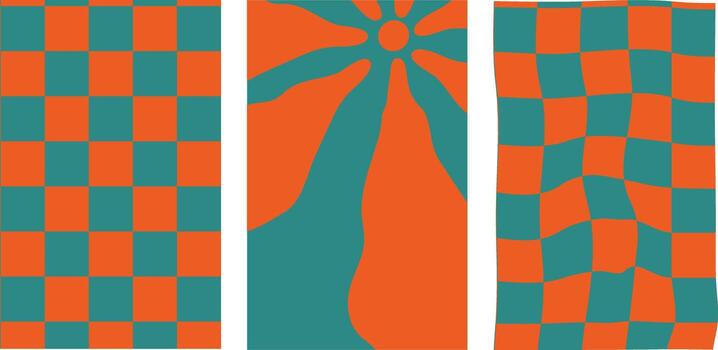 Collection of retro checkerboard backgrounds featuring vivid hues. A groovy and psychedelic chessboard pattern inspired by the 60s and 70s. vector