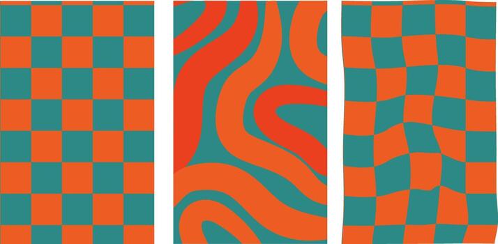 Collection of retro checkerboard backgrounds featuring vivid hues. A groovy and psychedelic chessboard pattern inspired by the 60s and 70s. vector