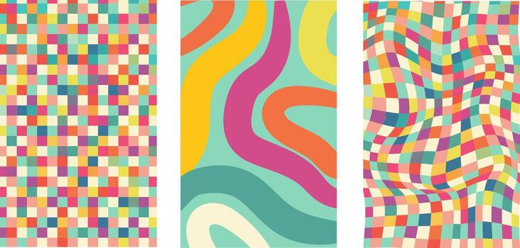 Collection of retro checkerboard backgrounds featuring vivid hues. A groovy and psychedelic chessboard pattern inspired by the 60s and 70s. vector