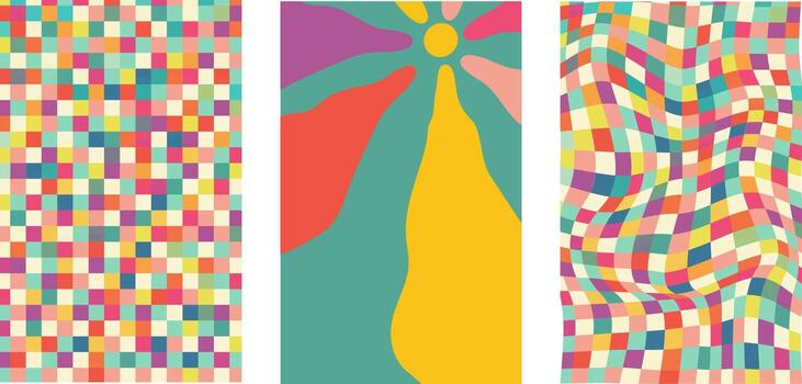 Collection of retro checkerboard backgrounds featuring vivid hues. A groovy and psychedelic chessboard pattern inspired by the 60s and 70s. vector