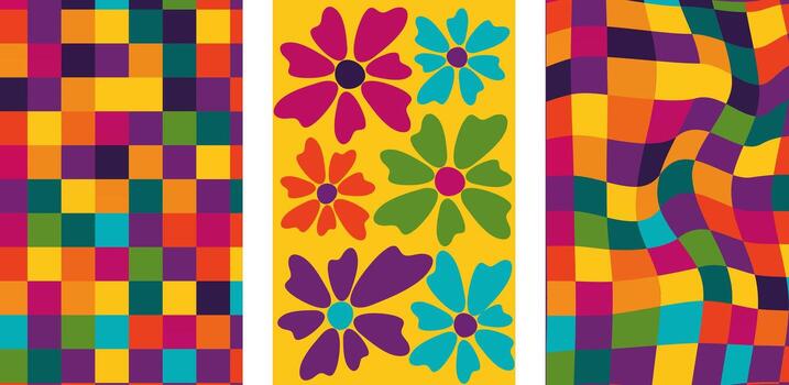 Collection of retro checkerboard backgrounds featuring vivid hues. A groovy and psychedelic chessboard pattern inspired by the 60s and 70s. vector