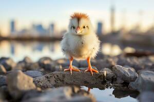 a baby chicken stands on a rock near a body of water generative ai photo