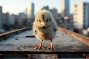 a baby chicken standing on top of an old building generative ai photo
