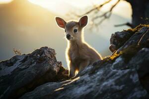 a baby deer is sitting on top of a rock generative ai photo