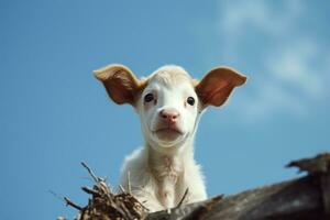 un bebé cabra mirando arriba a el cámara desde el parte superior de un de madera cerca generativo ai foto
