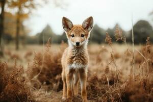 a baby fox standing in a field of tall grass generative ai photo