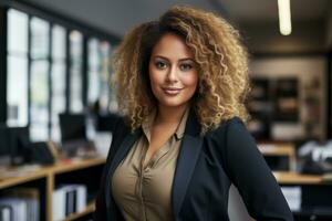 a beautiful african american woman with curly hair standing in an office generative ai photo