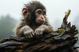 a baby monkey sitting on a log in the rain generative ai photo