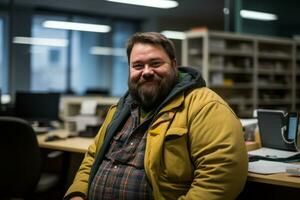 a bearded man in a yellow jacket sitting at a desk generative ai photo