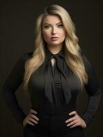 a beautiful blonde woman in a black blouse generative ai photo