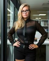 un hermosa rubia mujer en un negro camisa y lentes en pie en frente de un ventana generativo ai foto