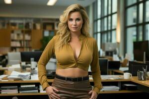 a beautiful blonde woman in a brown top and leather pants standing in an office generative ai photo