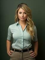 a beautiful blonde woman in a blue shirt and khaki pants standing with her hands on her hips generative ai photo