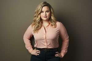 a beautiful blonde woman in a pink shirt and black pants generative ai photo