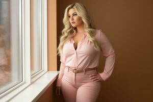 a beautiful blonde woman in a pink suit leaning against a window generative ai photo