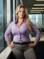 a beautiful blonde woman in a purple shirt and gray pants generative ai photo