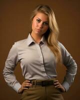 a beautiful blonde woman in a shirt and pants standing in front of a brown background generative ai photo