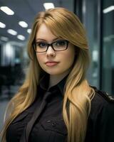 a beautiful blonde woman in glasses standing in an office generative ai photo