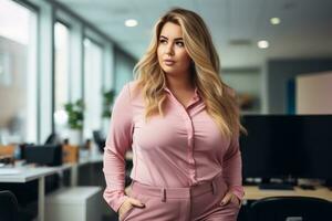 a beautiful blonde woman in pink pants standing in an office generative ai photo