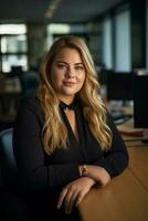 a beautiful blonde woman sitting at a desk in an office generative ai photo