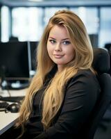 a beautiful blonde woman sitting at a desk in an office generative ai photo