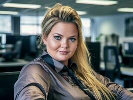 a beautiful blonde woman sitting at a desk in an office generative ai photo