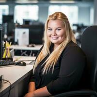 a beautiful blonde woman sitting at a desk in an office generative ai photo