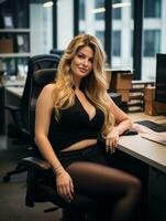a beautiful blonde woman sitting at a desk in an office generative ai photo