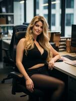 un hermosa rubia mujer sentado a un escritorio en un oficina generativo ai foto