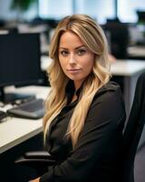 a beautiful blonde woman sitting at a desk in an office generative ai photo