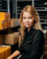 a beautiful blonde woman sitting on a chair in front of boxes generative ai photo