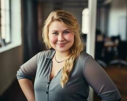 a beautiful blonde woman standing in an office with her hands on her hips generative ai photo