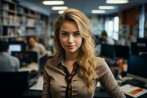 a beautiful blonde woman standing in front of a desk in an office generative ai photo