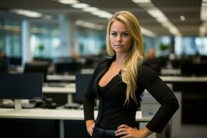 a beautiful blonde woman standing in an office with her hands on her hips generative ai photo