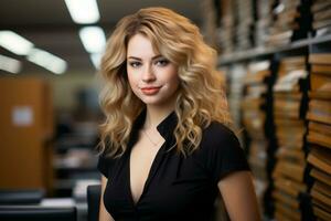 a beautiful blonde woman standing in front of a file cabinet generative ai photo