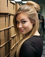 un hermosa rubia mujer en pie en frente de un apilar de cajas generativo ai foto