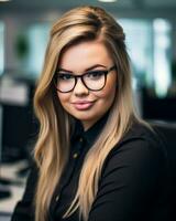 a beautiful blonde woman wearing glasses in an office generative ai photo