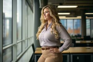 a beautiful blonde woman standing in front of a large window generative ai photo